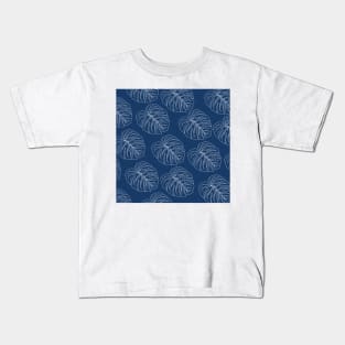 monstera tropical plant hawaii aloha print dark blue navy and white Kids T-Shirt